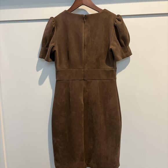 DKNY Dress Womens 6 Brown Faux Suede Puff Sleeve‎ V Neck Fitted Mini Cocktail - Picture 5 of 12